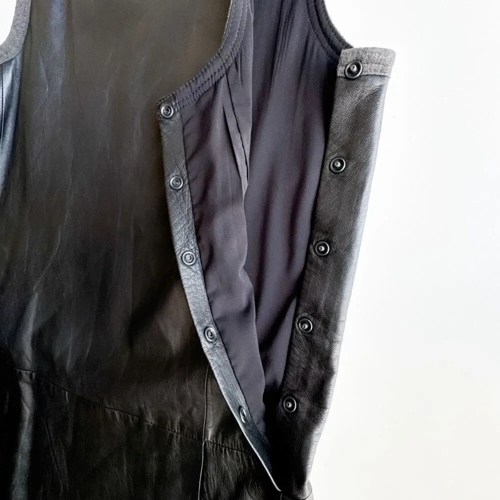 THEORY Nidan C Black Lambskin Leather Sleeveless Drop Waist Dress Size 8 - Picture 6 of 16